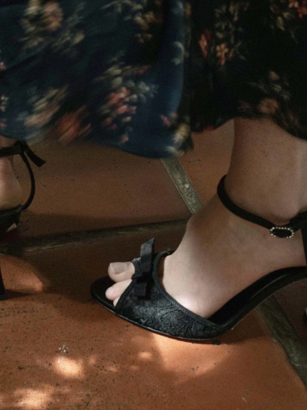 Black Women's Lace Bow Ankle-Strap Heels